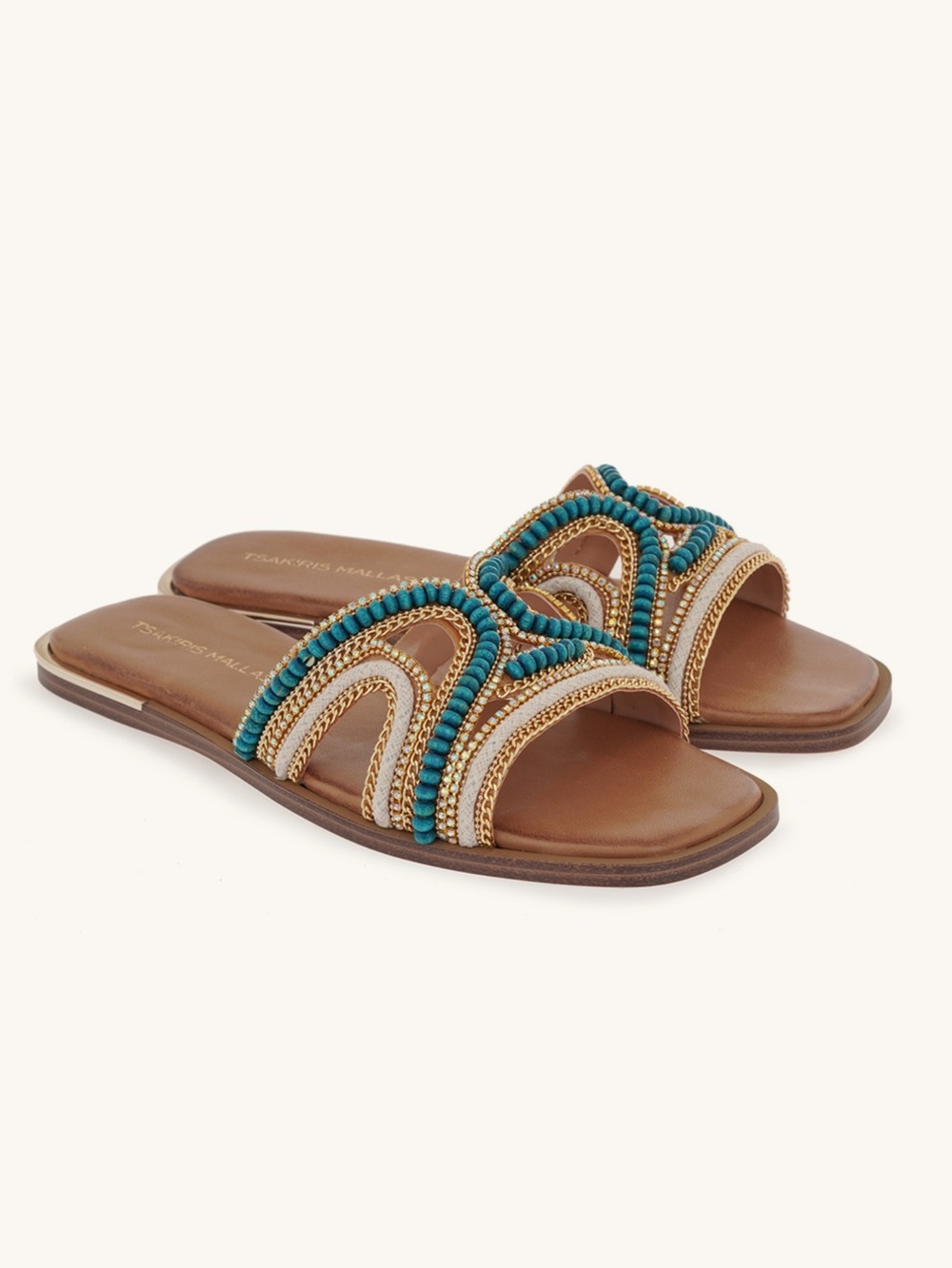 Tsakiris Mallas Greek Leather Flat Sandals Turquoise Beaded EU 41 US 10.5 NIB